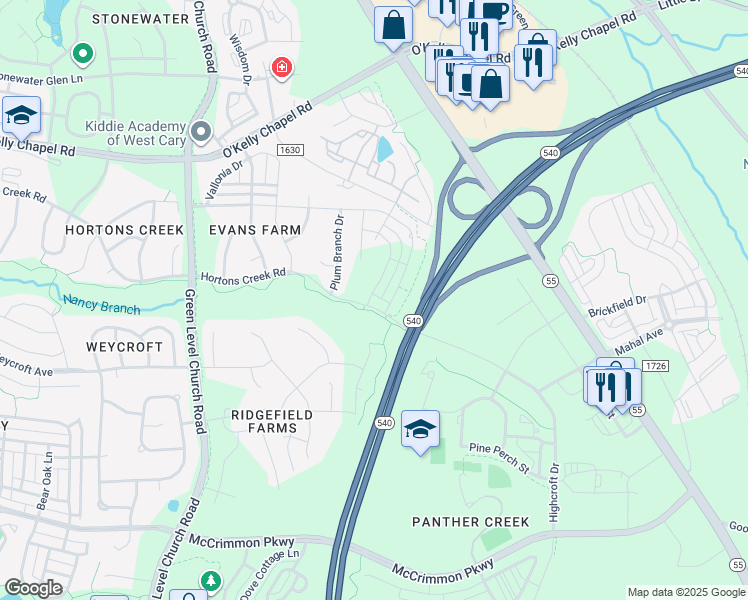 map of restaurants, bars, coffee shops, grocery stores, and more near 4108 Plum Branch Drive in Cary
