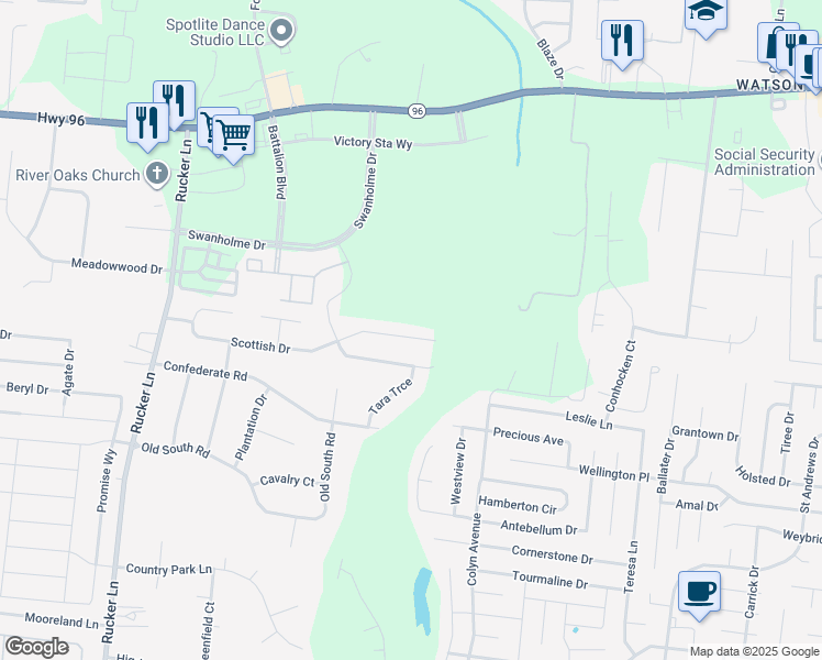 map of restaurants, bars, coffee shops, grocery stores, and more near 4334 Scottish Drive in Murfreesboro
