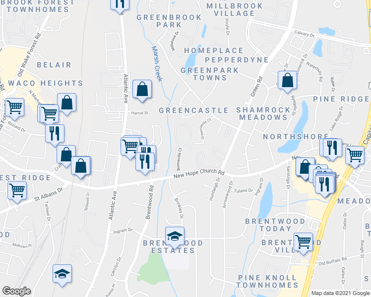 map of restaurants, bars, coffee shops, grocery stores, and more near 4200 Greencastle Court in Raleigh