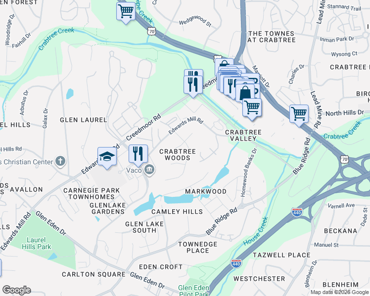 map of restaurants, bars, coffee shops, grocery stores, and more near 4801 Cornwall Place in Raleigh