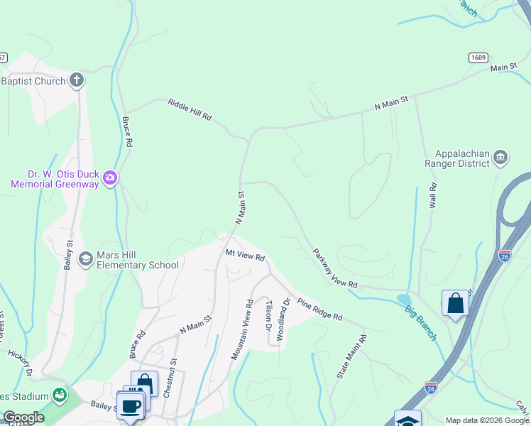 map of restaurants, bars, coffee shops, grocery stores, and more near 92 Parkway View Road in Mars Hill