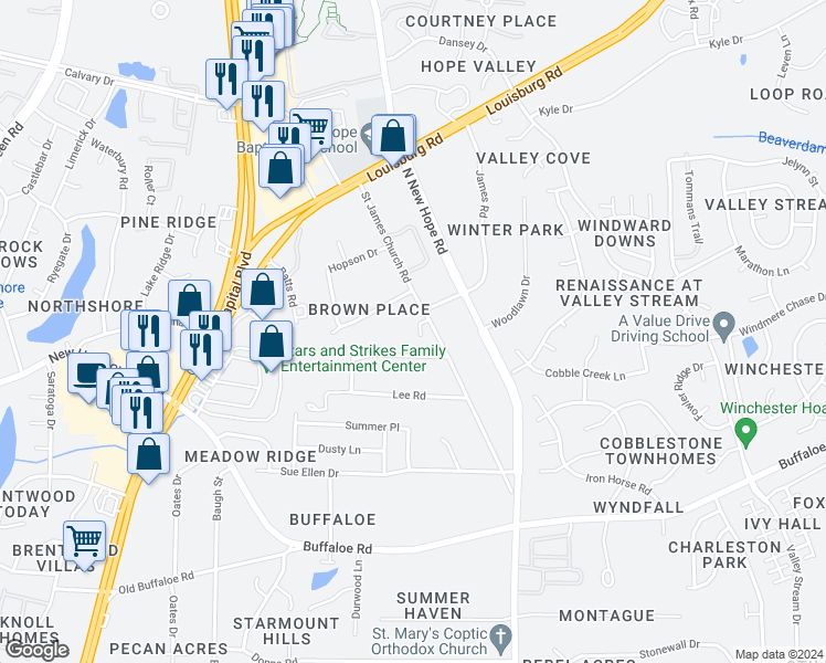 map of restaurants, bars, coffee shops, grocery stores, and more near 3813 Turnabout Court in Raleigh