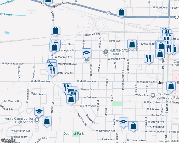 map of restaurants, bars, coffee shops, grocery stores, and more near 1100 West Jefferson Avenue in Jonesboro