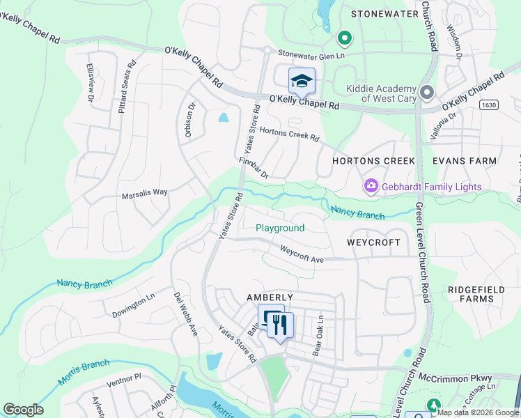 map of restaurants, bars, coffee shops, grocery stores, and more near 638 Finnbar Drive in Cary
