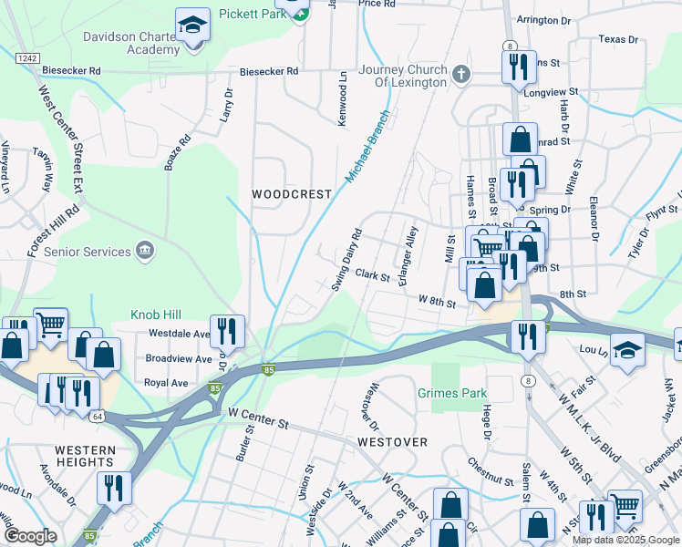 map of restaurants, bars, coffee shops, grocery stores, and more near 498 Swing Dairy Road in Lexington