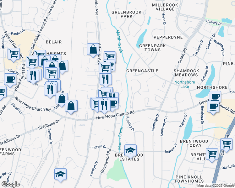 map of restaurants, bars, coffee shops, grocery stores, and more near 3824 Brentwood Road in Raleigh