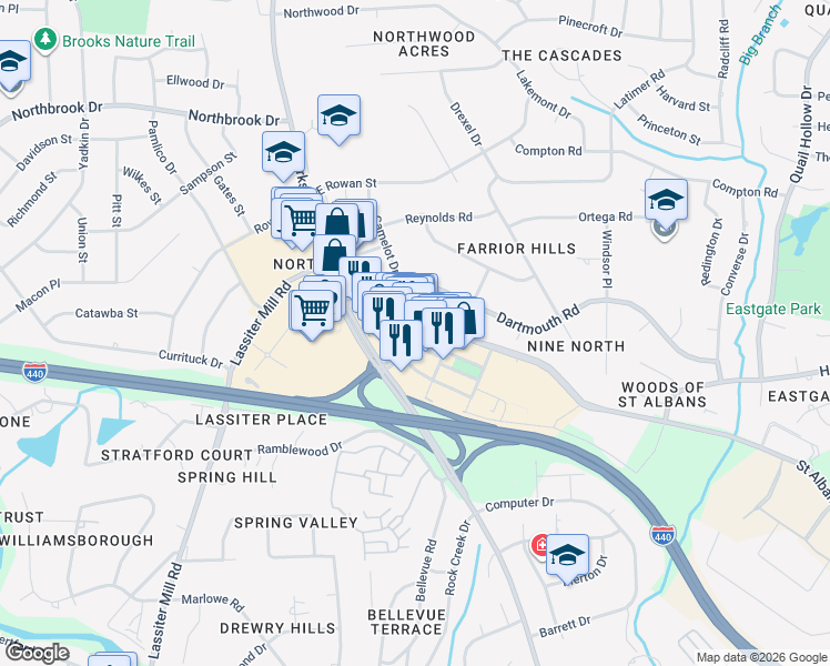map of restaurants, bars, coffee shops, grocery stores, and more near 4000 State at North Hills Street in Raleigh