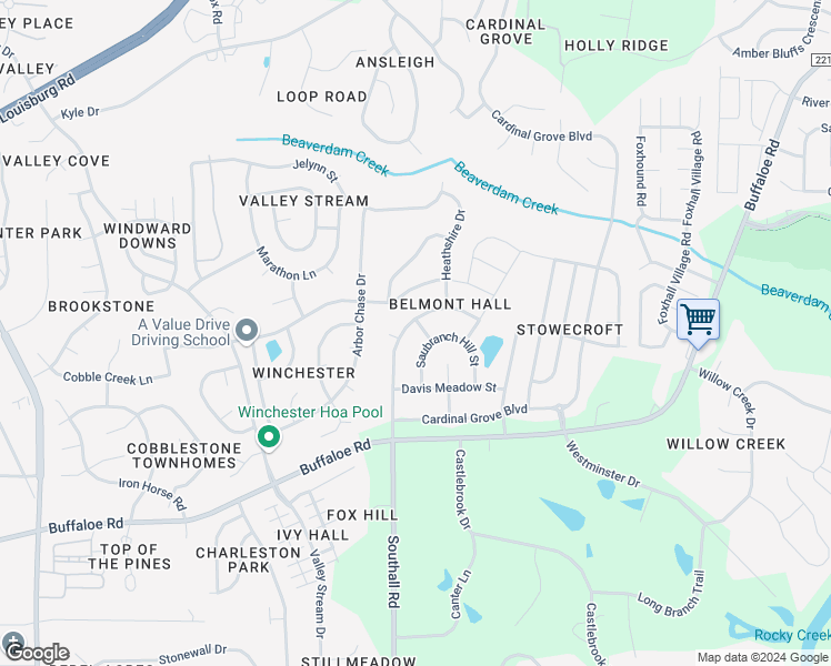 map of restaurants, bars, coffee shops, grocery stores, and more near 4304 Kindle Wood Street in Raleigh