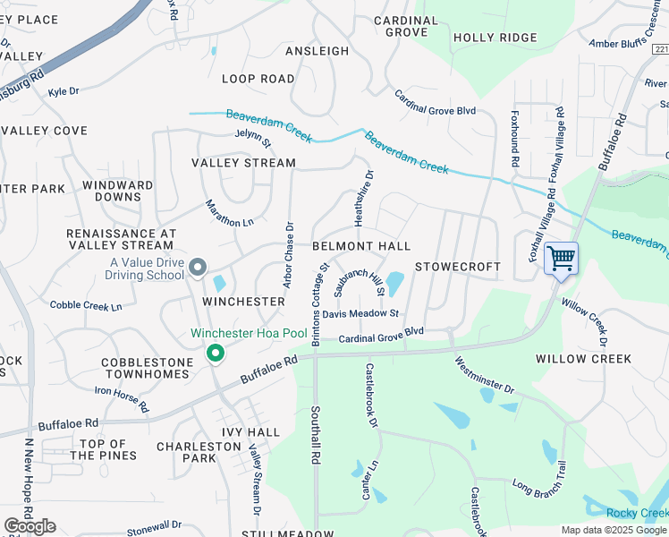 map of restaurants, bars, coffee shops, grocery stores, and more near 4304 Kindle Wood Street in Raleigh