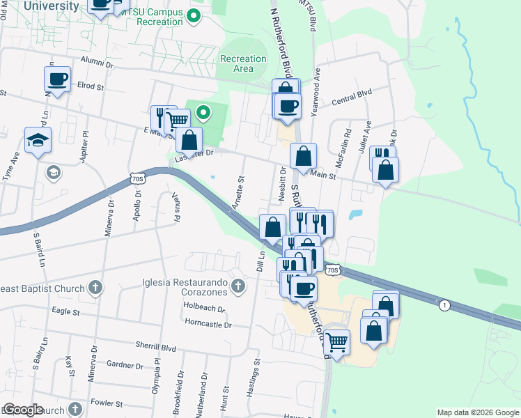 map of restaurants, bars, coffee shops, grocery stores, and more near 208 Dill Lane in Murfreesboro