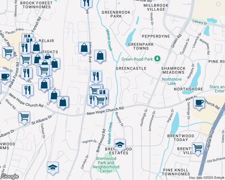 map of restaurants, bars, coffee shops, grocery stores, and more near 3824 Brentwood Road in Raleigh