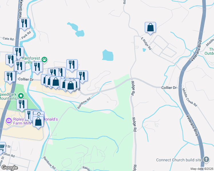 map of restaurants, bars, coffee shops, grocery stores, and more near 1510 Ridge Road in Sevierville