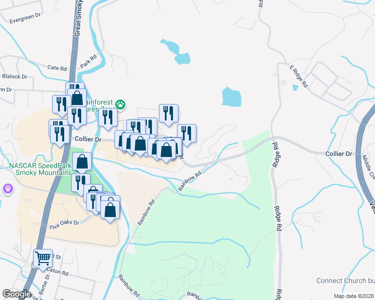 map of restaurants, bars, coffee shops, grocery stores, and more near 229 Collier Drive in Sevierville