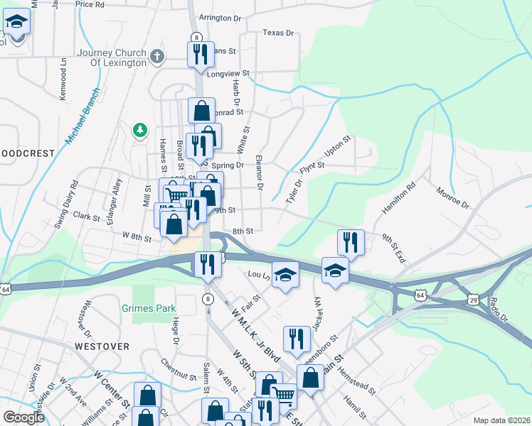 map of restaurants, bars, coffee shops, grocery stores, and more near 807 Eleanor Drive in Lexington