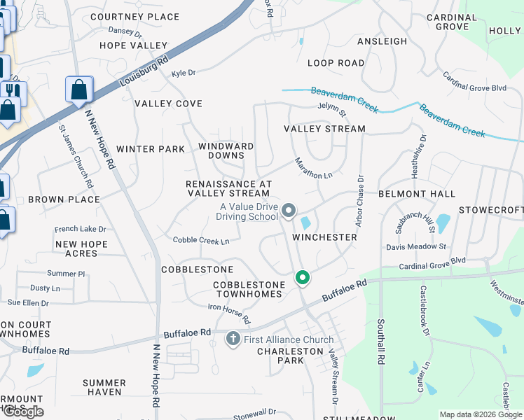 map of restaurants, bars, coffee shops, grocery stores, and more near 4700 Treadstone Court in Raleigh