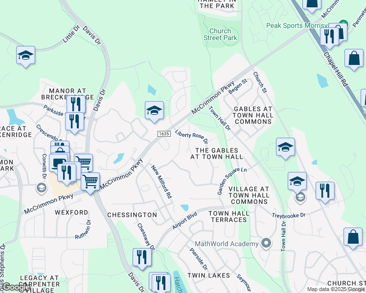 map of restaurants, bars, coffee shops, grocery stores, and more near 150 Liberty Rose Drive in Morrisville