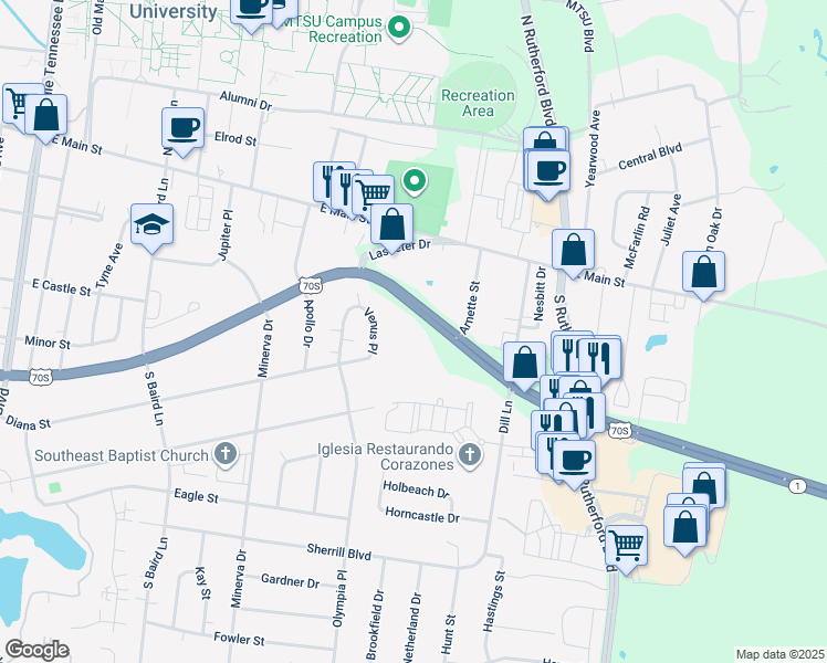 map of restaurants, bars, coffee shops, grocery stores, and more near 2032 Mercury Boulevard in Murfreesboro