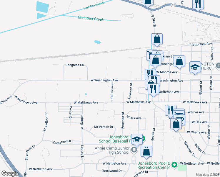 map of restaurants, bars, coffee shops, grocery stores, and more near 601 Stratford Drive in Jonesboro