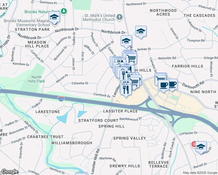 map of restaurants, bars, coffee shops, grocery stores, and more near 4122 Rockingham Drive in Raleigh