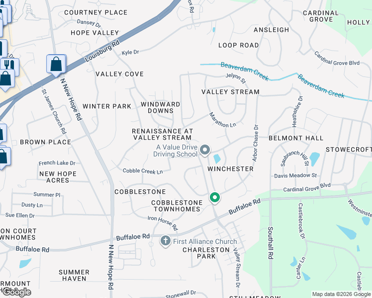 map of restaurants, bars, coffee shops, grocery stores, and more near 4700 Treadstone Court in Raleigh