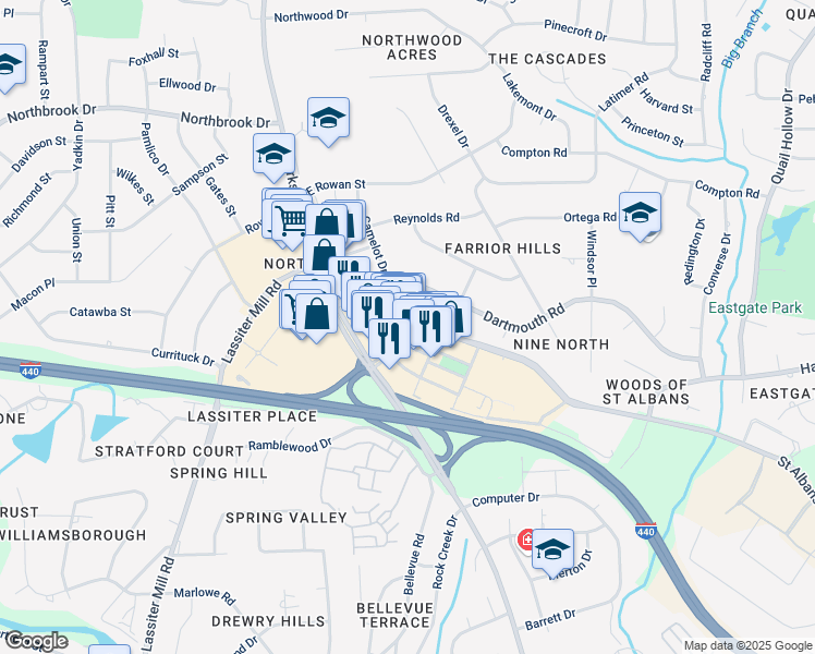 map of restaurants, bars, coffee shops, grocery stores, and more near 120 Saint Albans Drive in Raleigh