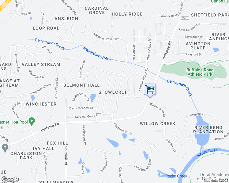 map of restaurants, bars, coffee shops, grocery stores, and more near 4419 Snowcrest Lane in Raleigh