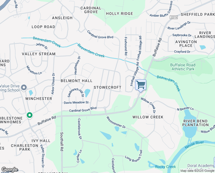 map of restaurants, bars, coffee shops, grocery stores, and more near 4419 Snowcrest Lane in Raleigh