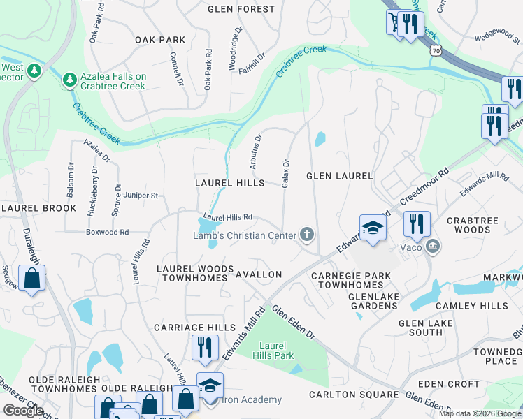 map of restaurants, bars, coffee shops, grocery stores, and more near 4209 Arbutus Drive in Raleigh