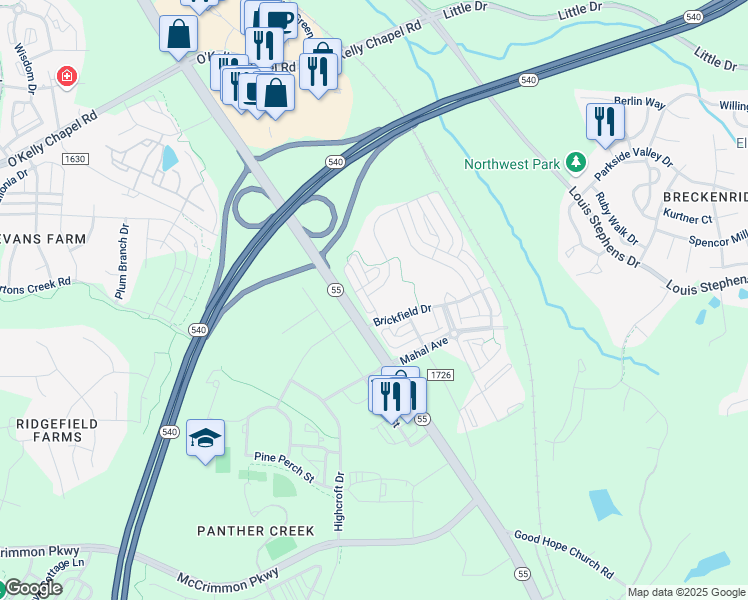 map of restaurants, bars, coffee shops, grocery stores, and more near 1624 Clayfire Drive in Cary