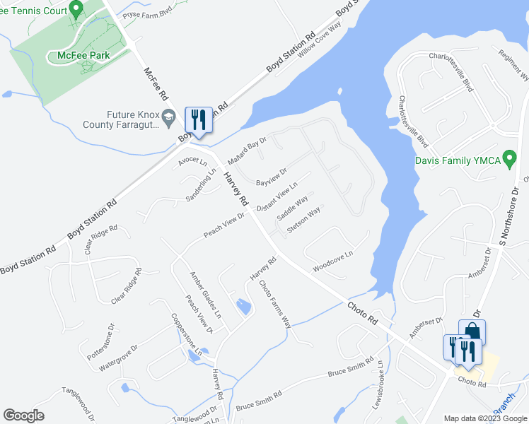 map of restaurants, bars, coffee shops, grocery stores, and more near 12738 Distant View Lane in Knoxville