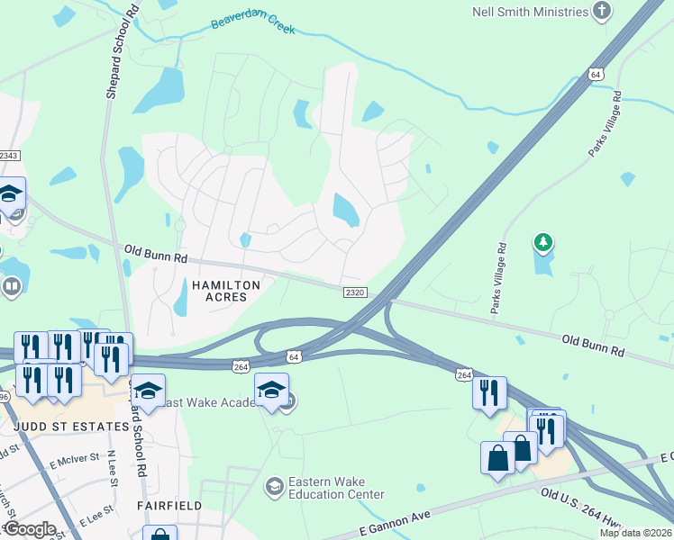 map of restaurants, bars, coffee shops, grocery stores, and more near 517 Crackling Court in Zebulon