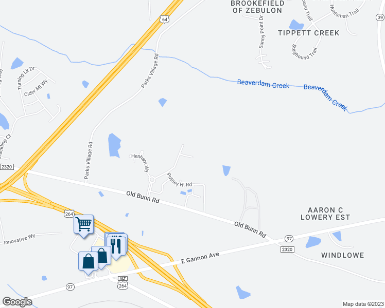 map of restaurants, bars, coffee shops, grocery stores, and more near 1915 Old Bunn Road in Zebulon