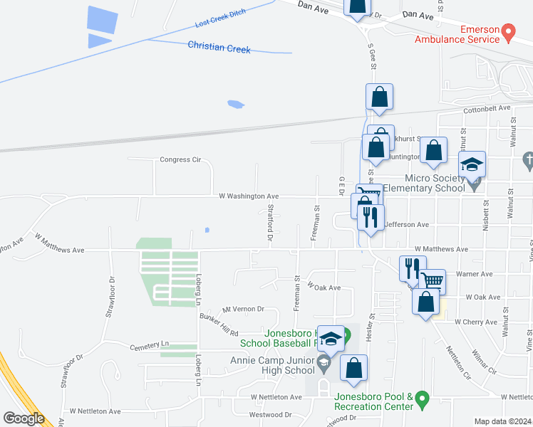 map of restaurants, bars, coffee shops, grocery stores, and more near 601 Stratford Drive in Jonesboro