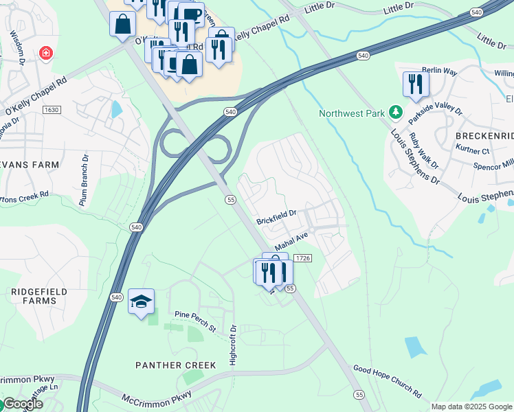 map of restaurants, bars, coffee shops, grocery stores, and more near 1624 Clayfire Drive in Cary