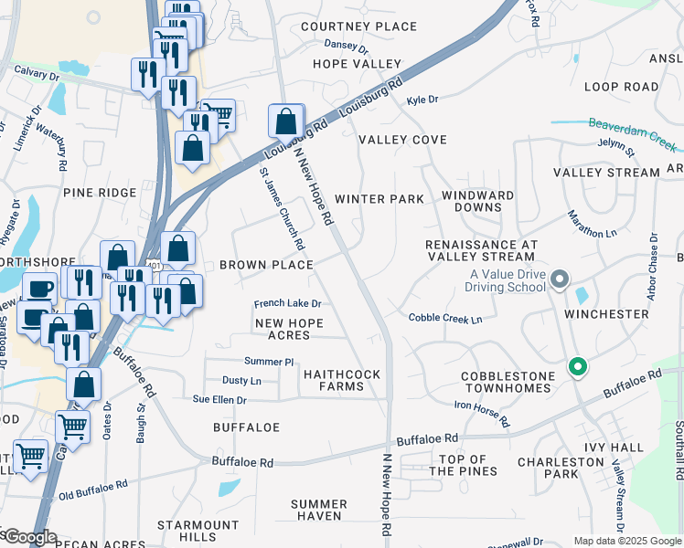 map of restaurants, bars, coffee shops, grocery stores, and more near 4107 North New Hope Road in Raleigh