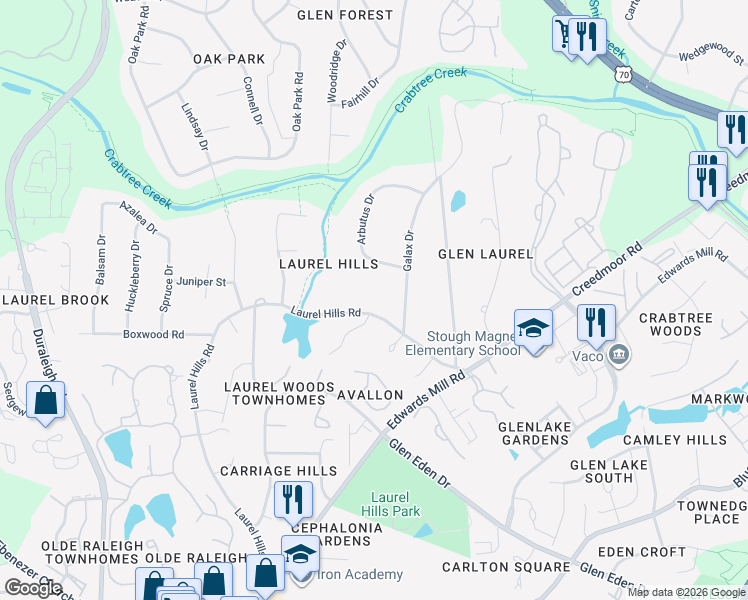map of restaurants, bars, coffee shops, grocery stores, and more near 4209 Arbutus Drive in Raleigh