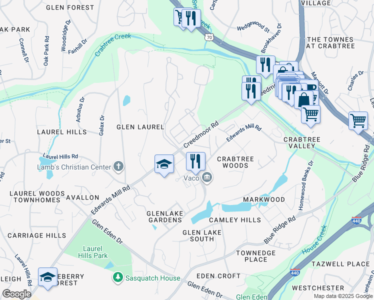 map of restaurants, bars, coffee shops, grocery stores, and more near 4523 Edwards Mill Road in Raleigh