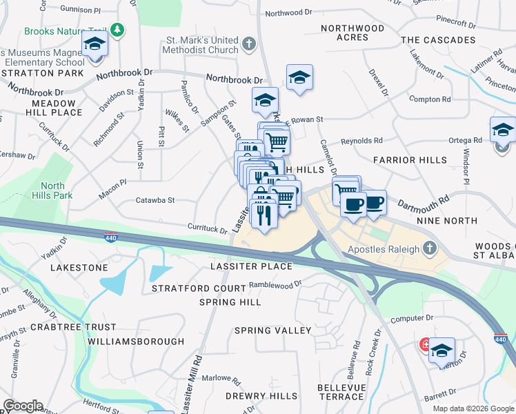 map of restaurants, bars, coffee shops, grocery stores, and more near 4201 Pamlico Drive in Raleigh