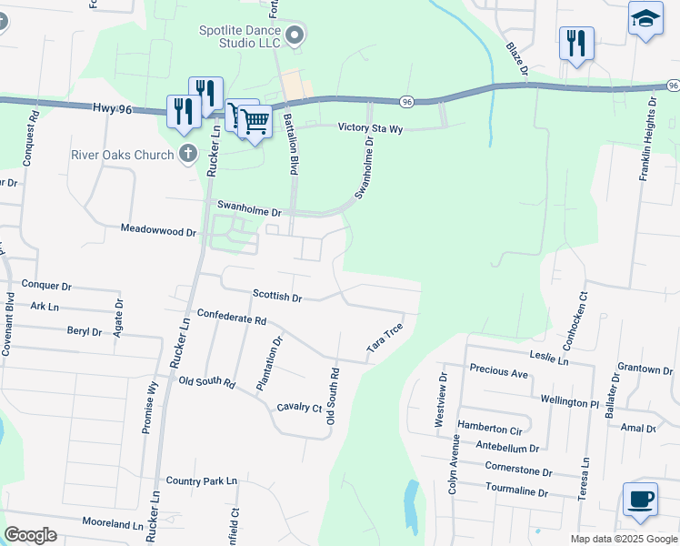 map of restaurants, bars, coffee shops, grocery stores, and more near 4418 Roxburghe Court in Murfreesboro
