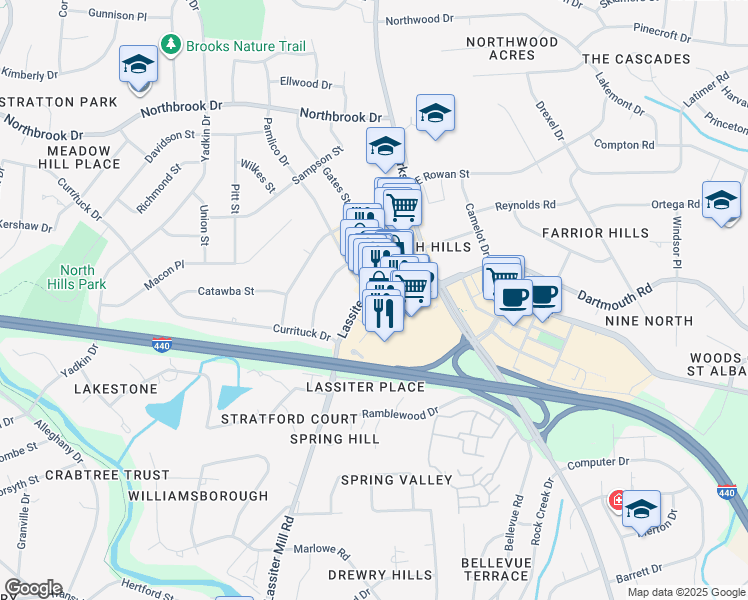 map of restaurants, bars, coffee shops, grocery stores, and more near 4201 Pamlico Drive in Raleigh