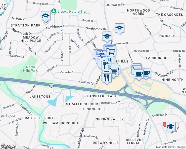 map of restaurants, bars, coffee shops, grocery stores, and more near 4122 Rockingham Drive in Raleigh