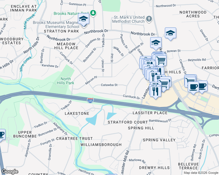 map of restaurants, bars, coffee shops, grocery stores, and more near 728 Catawba Street in Raleigh