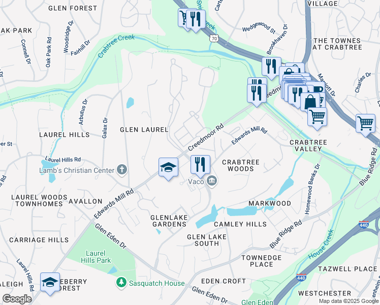 map of restaurants, bars, coffee shops, grocery stores, and more near 4505 Edwards Mill Road in Raleigh