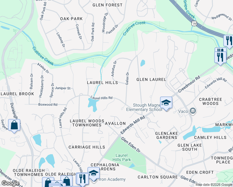 map of restaurants, bars, coffee shops, grocery stores, and more near 4209 Arbutus Drive in Raleigh