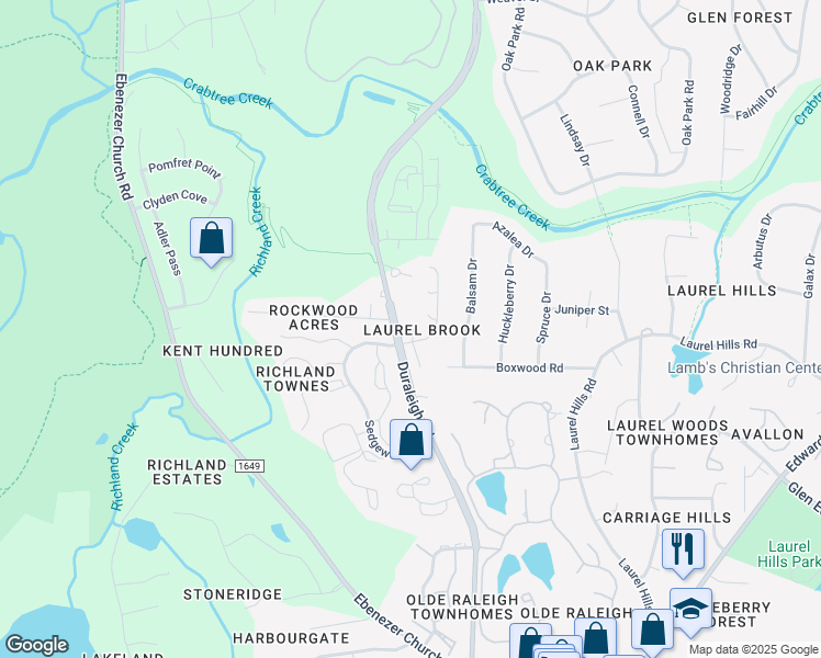 map of restaurants, bars, coffee shops, grocery stores, and more near 3809 Hollycrest Court in Raleigh