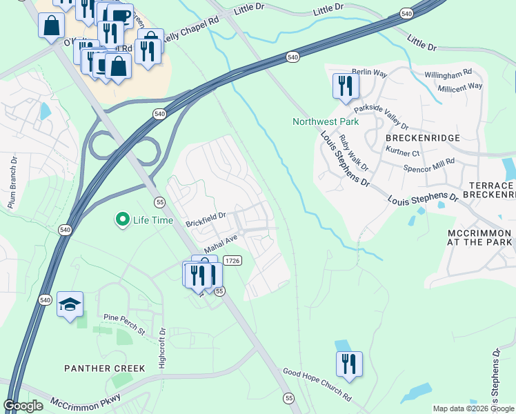 map of restaurants, bars, coffee shops, grocery stores, and more near 1720 Petty Farm Road in Cary