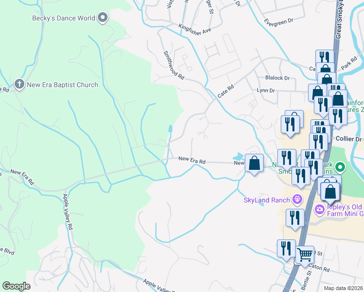 map of restaurants, bars, coffee shops, grocery stores, and more near 570 Cate Road in Sevierville