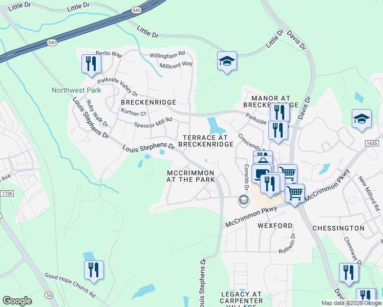 map of restaurants, bars, coffee shops, grocery stores, and more near 100 Canyon Lake Circle in Morrisville