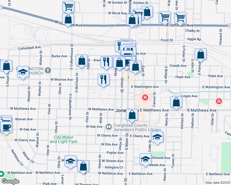 map of restaurants, bars, coffee shops, grocery stores, and more near 586 Madison St in Jonesboro