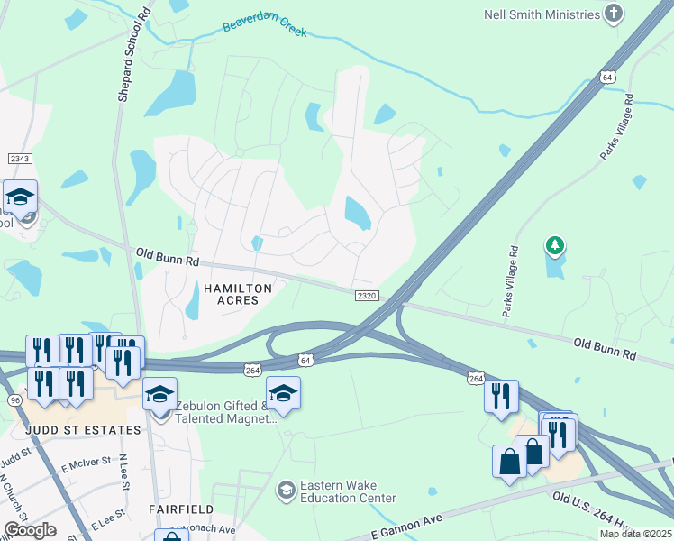 map of restaurants, bars, coffee shops, grocery stores, and more near 1301 Old Bunn Road in Zebulon